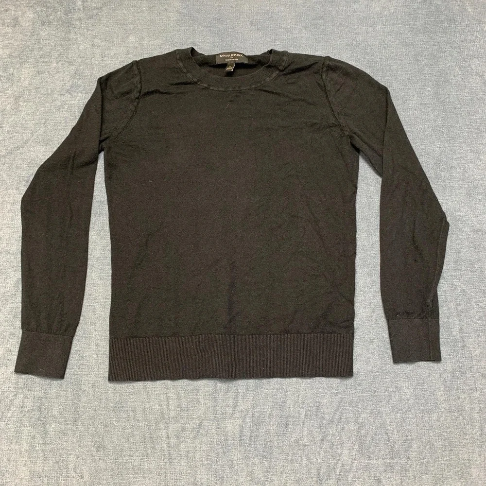 Banana Republic Forever Sweater Mens Small Black Cotton Tight Knit Ribbed Hem